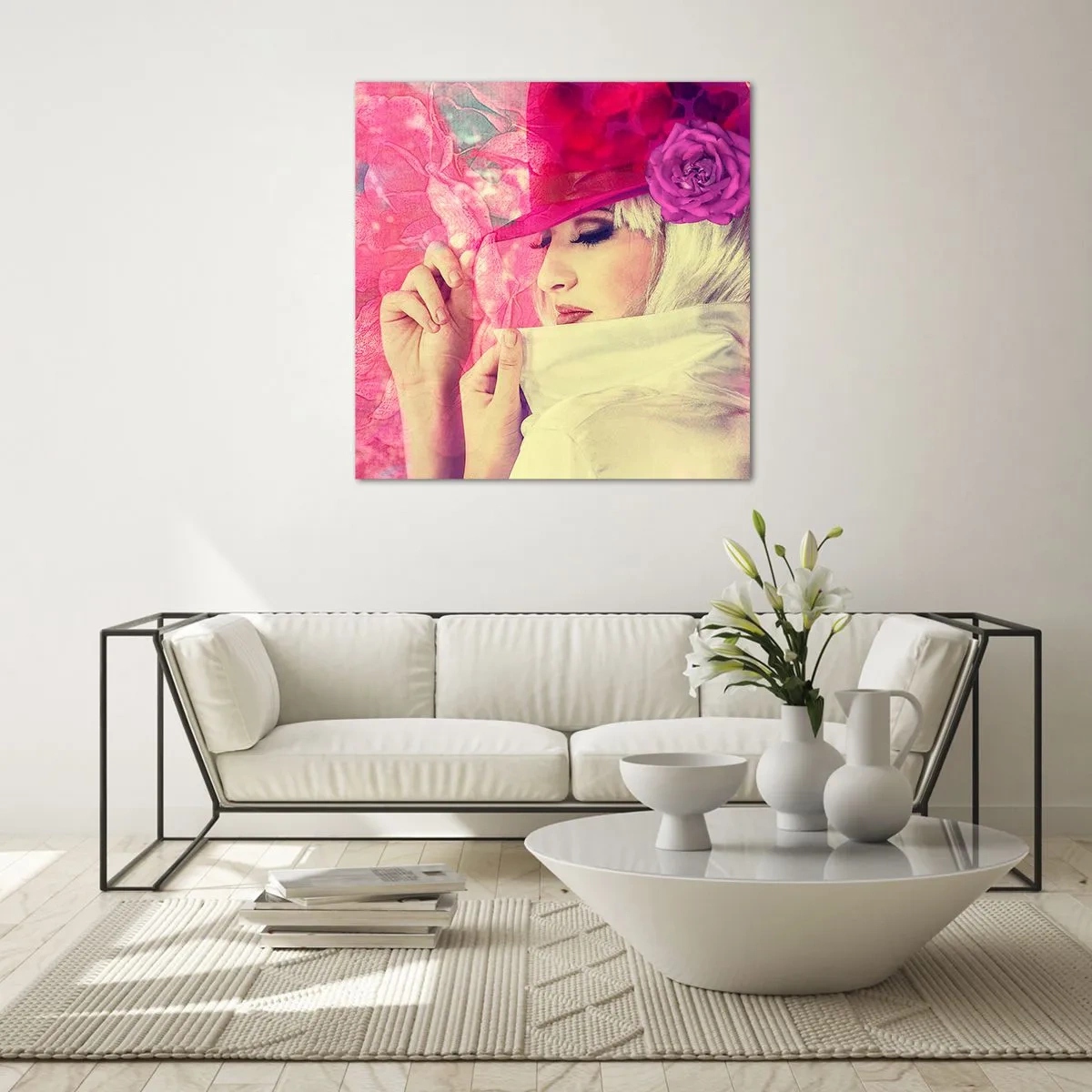 Obraz na skle - Retro portrét v ružovej hmle - 60x60 cm