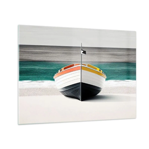 Obraz na skle - Farebná loď na pláži s tyrkysovým morom v pozadí - 70x50cm - Na správnom mieste - Moderná nástenná dekorácia do obývacej izby a spálne ARTTOR