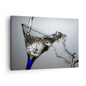 Obraz na plátne - Pohár vody v pohybe na svetlom pozadí - 70x50cm - Krištáľová voda v krištáľovom skle - Moderná nástenná dekorácia do obývacej izby a spálne ARTTOR