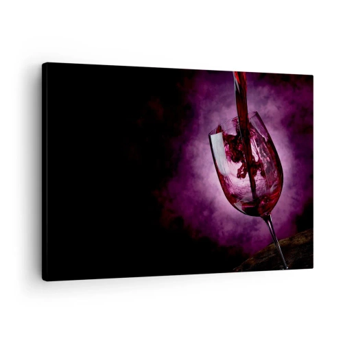 Obraz na plátne - Červené víno nalievané do pohára na pozadí fialového dymu - 70x50cm - Šarlát? Karmín? Nie, rubín. - Moderná nástenná dekorácia do obývacej izby a spálne ARTTOR