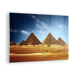 Obraz na skle - Pyramídy v Gíze proti modrej oblohe - 70x50cm - 40 storočí sa na vás pozerá - Moderná nástenná dekorácia do obývacej izby a spálne ARTTOR