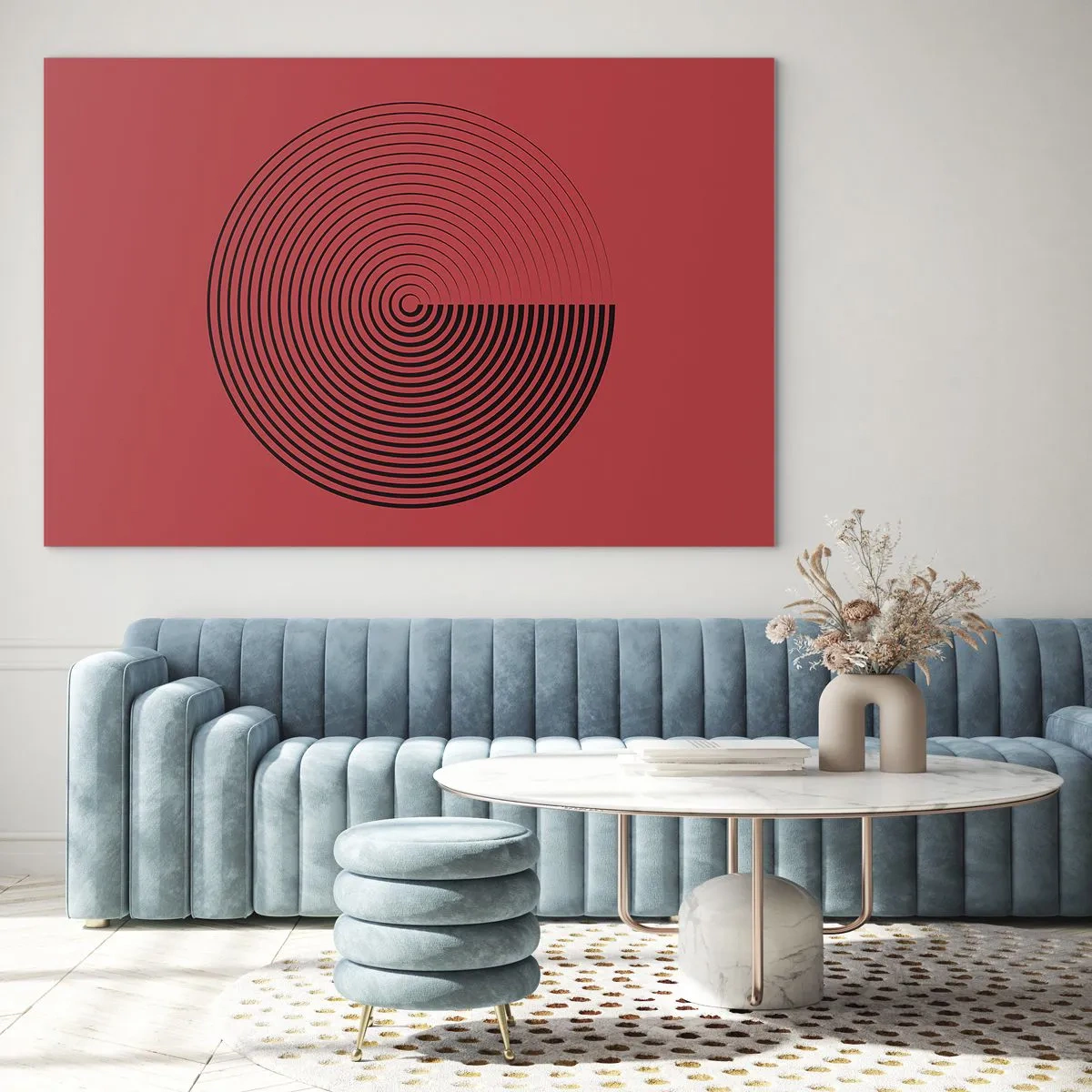 Obraz na skle - Čierne sústredné kruhy na červenom pozadí - 70x50cm - Kruhový pohyb - Moderná nástenná dekorácia do obývacej izby a spálne ARTTOR
