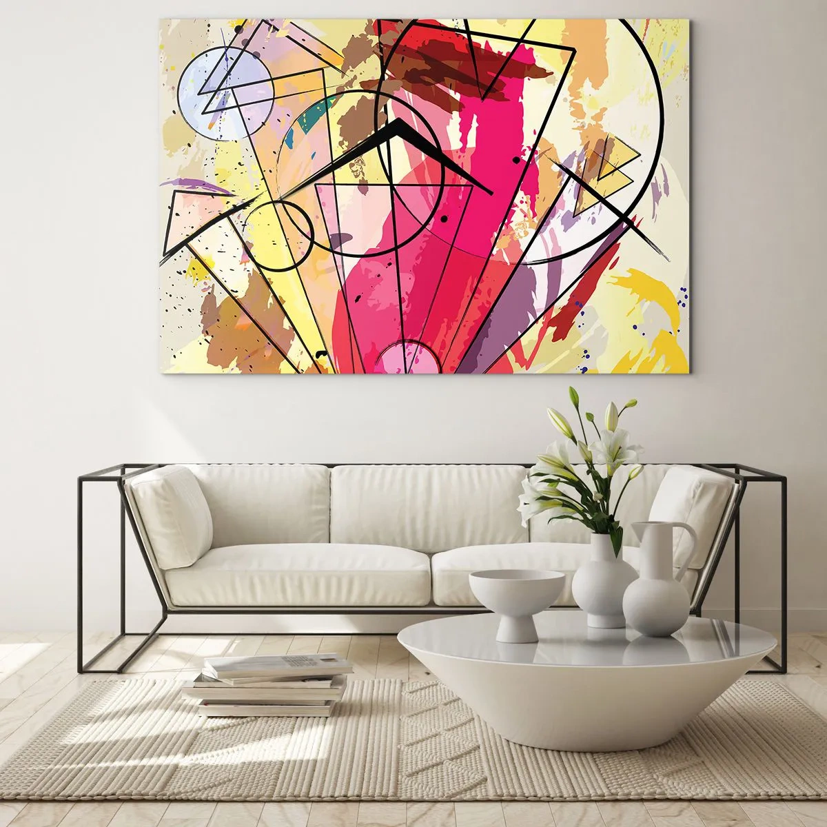 Obraz na skle - Farebná abstrakcia s geometrickými vzormi a čiarami - 70x50cm - Výbuch - Moderná nástenná dekorácia do obývacej izby a spálne ARTTOR