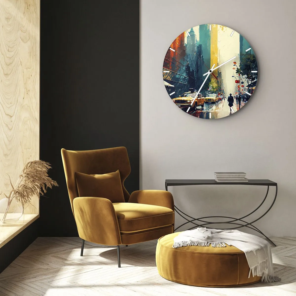 Nástenné hodiny - Farebná newyorská ulica s taxíkmi a chodcami v daždi - 30x30cm - New York – tu je aj dážď farebný - Moderná nástenná dekorácia do obývacej izby, kuchyne a spálne ARTTOR