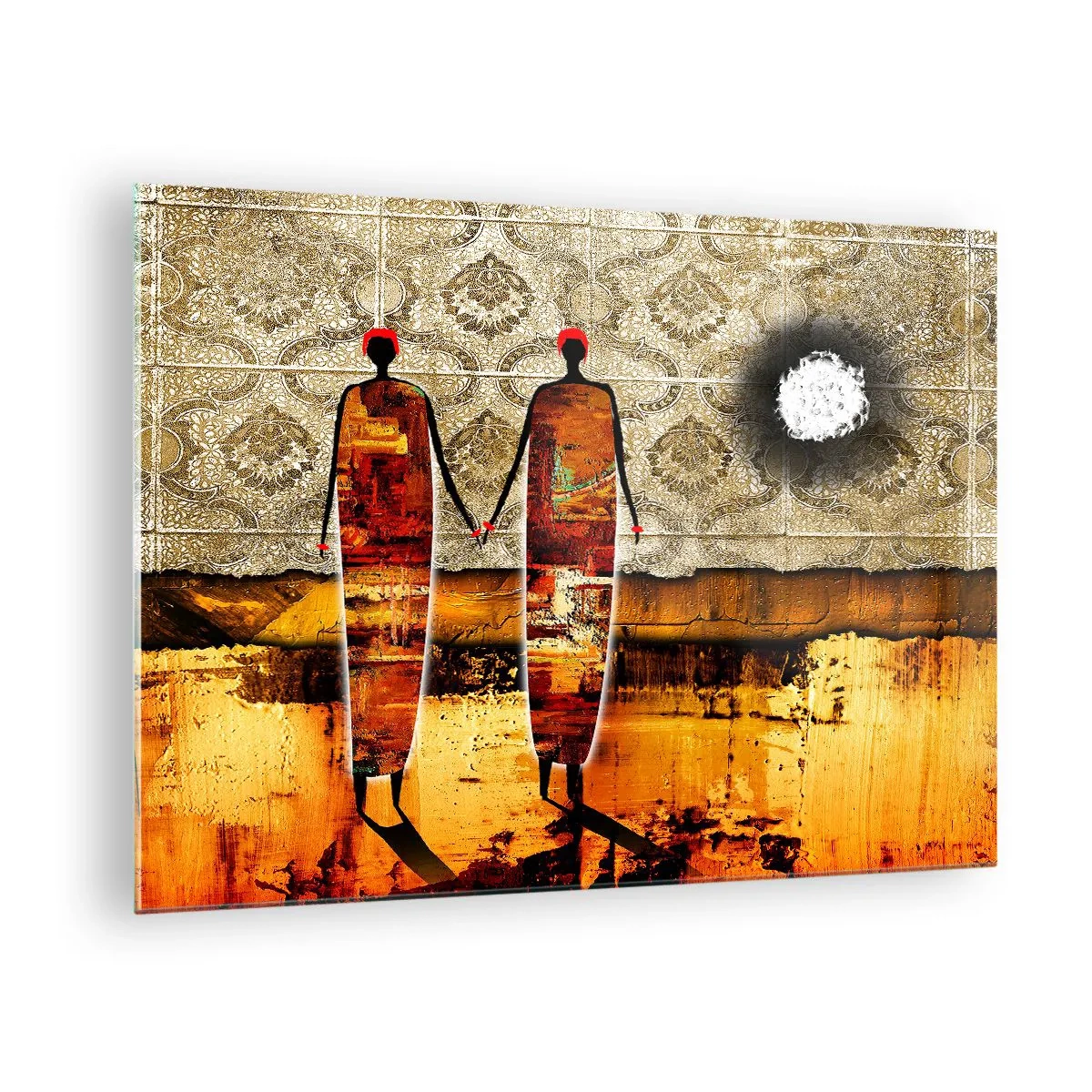 Obraz na skle - Dve abstraktné postavy na pozadí ornamentu a zlatých odtieňov - 70x50cm - Etnická kompozícia vo farbách Afriky - Moderná nástenná dekorácia do obývacej izby a spálne ARTTOR
