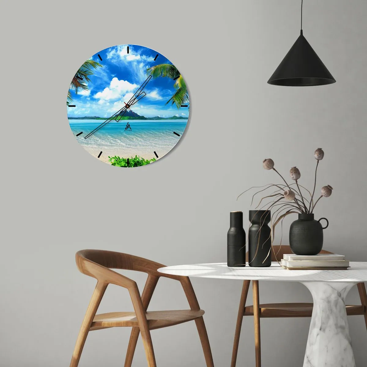 Nástenné hodiny - Exotická pláž s palmami a azúrovým morom - 30x30cm - Lazúr trópov - Moderná nástenná dekorácia do obývacej izby, kuchyne a spálne ARTTOR