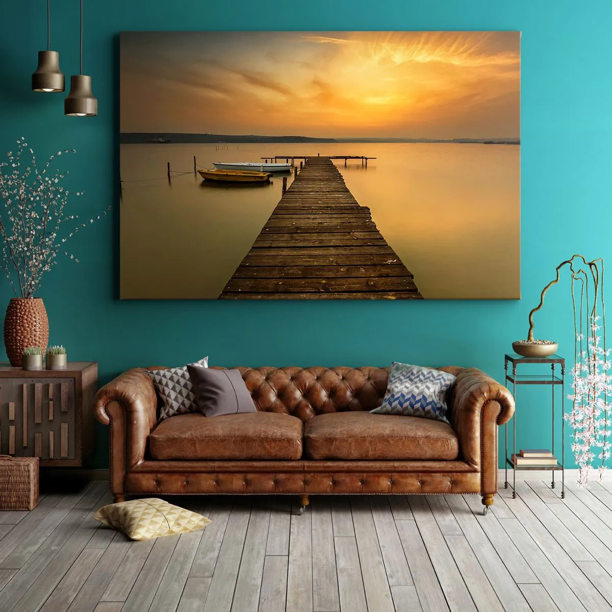 Obraz na plátne - Drevené mólo a lode na jazere pri západe slnka - 70x50cm - Otvorím ti zlaté nebo - Moderná nástenná dekorácia do obývacej izby a spálne ARTTOR