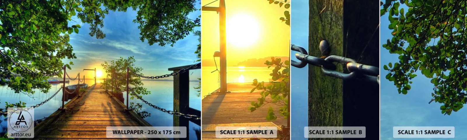 Vzorka samolepiacej fototapety Deluxe Sticker - Západ pri vode - Krajina, Jazero, Plachetnica - 100x30 cm