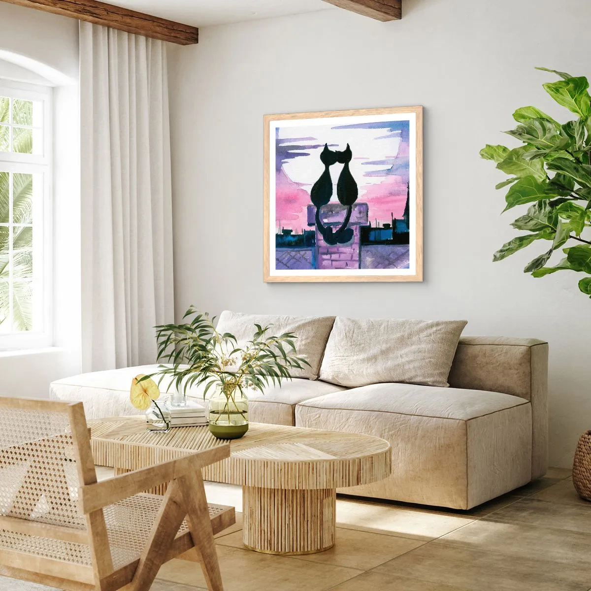 Plagát v ráme zo svetlého duba - Rendez-vous pod mesiacom - 60x60 cm