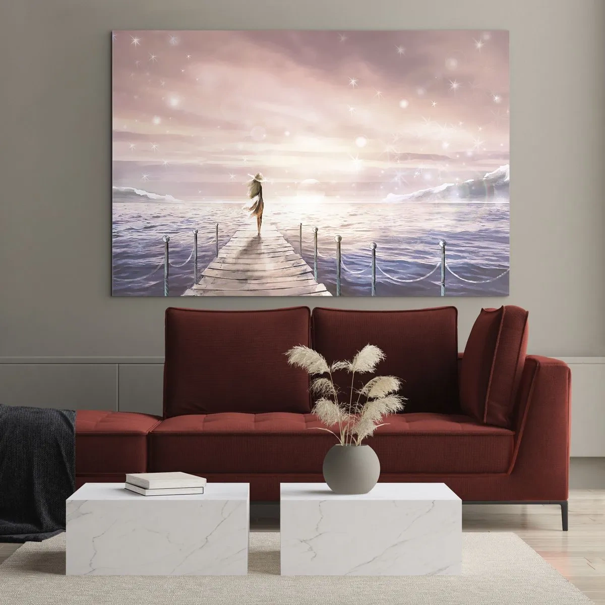Obraz na skle - Žena na móle pri západe slnka - 70x50cm - Vo svetle sna - Moderná nástenná dekorácia do obývacej izby a spálne ARTTOR