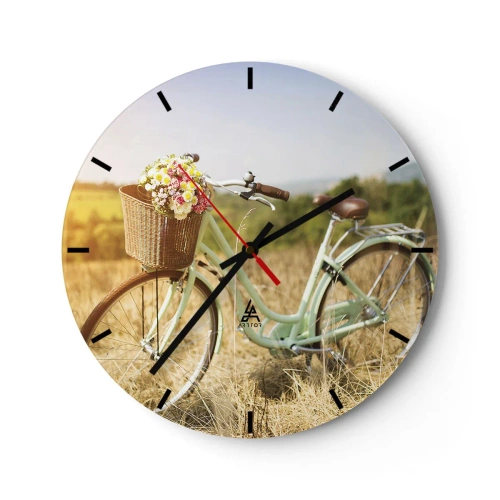 Nástenné hodiny - Bicykel s košíkom plným kvetov na poli za slnečného dňa - 30x30cm - Chvíľu tu zostanem - Moderná nástenná dekorácia do obývacej izby, kuchyne a spálne ARTTOR