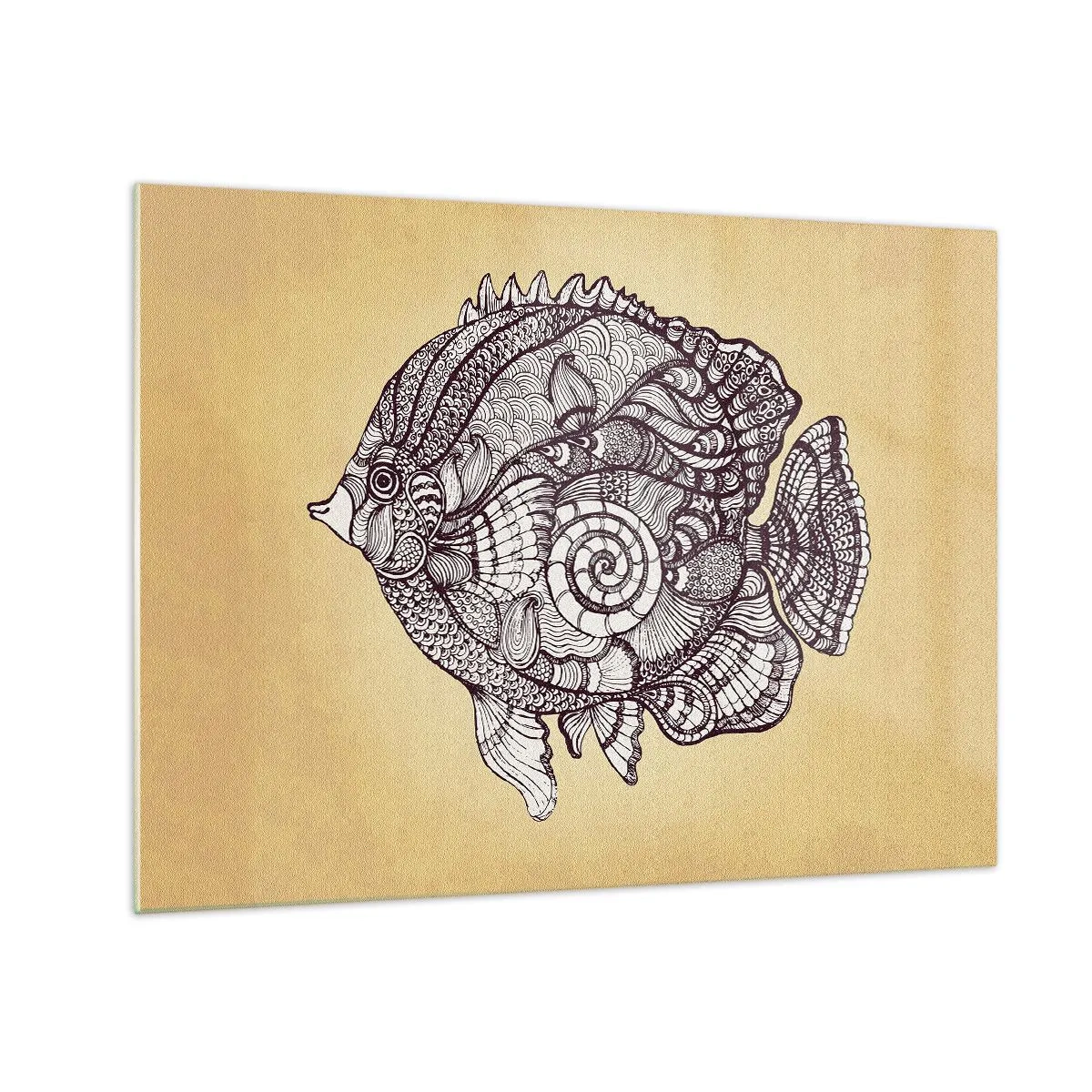 Obraz na skle - Kreslená ryba s ornamentami na béžovom pozadí - 70x50cm - Z oceánu ornamentov - Moderná nástenná dekorácia do obývacej izby a spálne ARTTOR