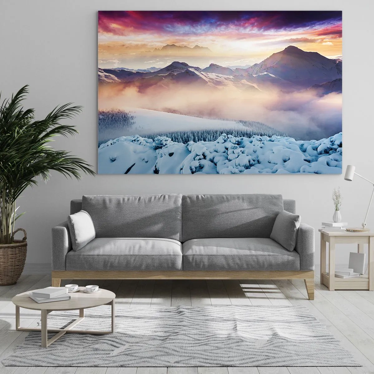 Obraz na skle - Zimná horská krajina so zapadajúcim slnkom a hmlou - 70x50cm - Sila a čistota prírody - Moderná nástenná dekorácia do obývacej izby a spálne ARTTOR
