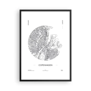 Plagát v čiernom ráme - Minimalistická mapa Kodane v čiernobielej farbe. - 50x70cm - Anatómia Kodane - Moderná nástenná dekorácia do obývacej izby a spálne ARTTOR