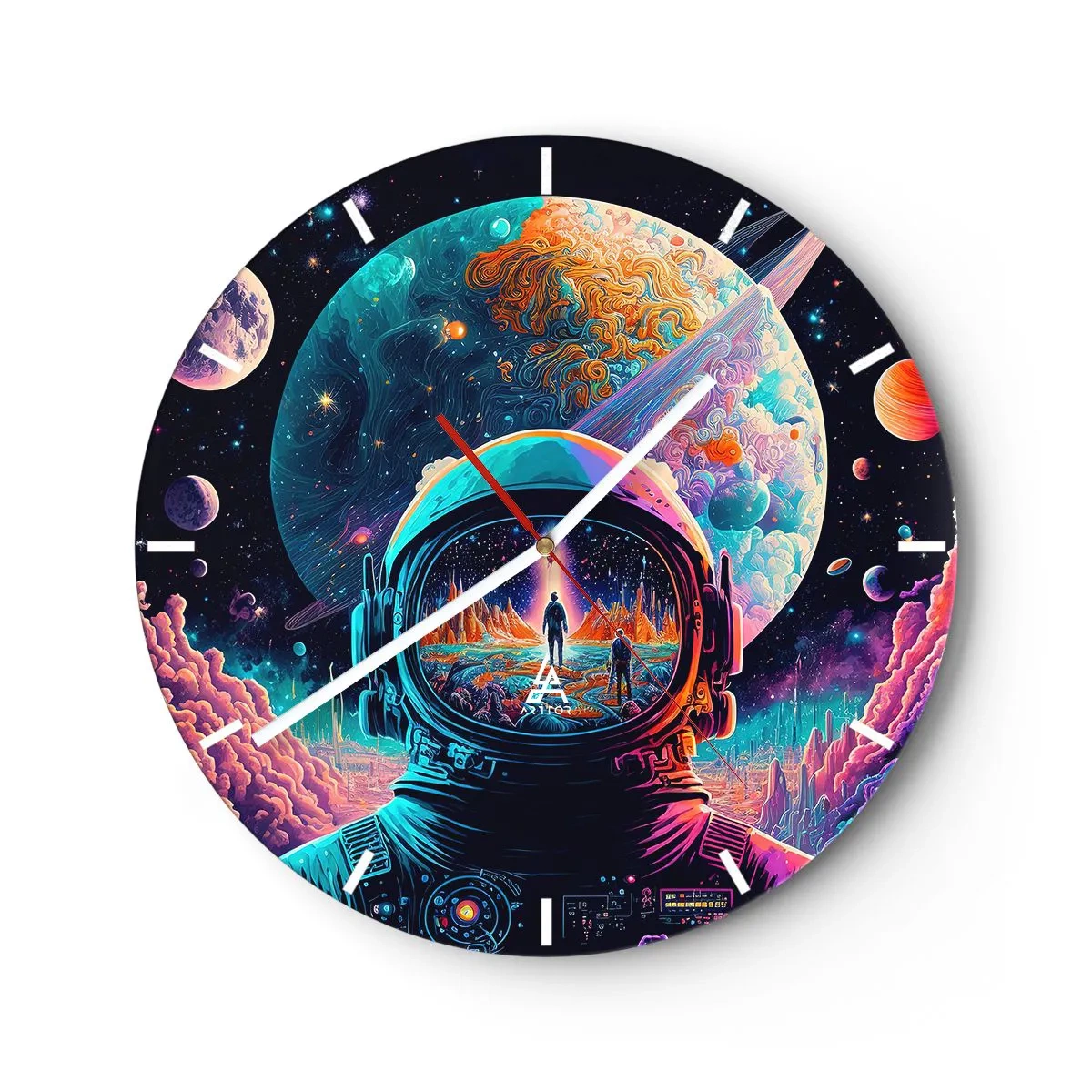 Nástenné hodiny - Astronaut v farebnom vesmíre s odrazom planéty - 30x30cm - Filozofom sa to ani nesnívalo - Moderná nástenná dekorácia do obývacej izby, kuchyne a spálne ARTTOR