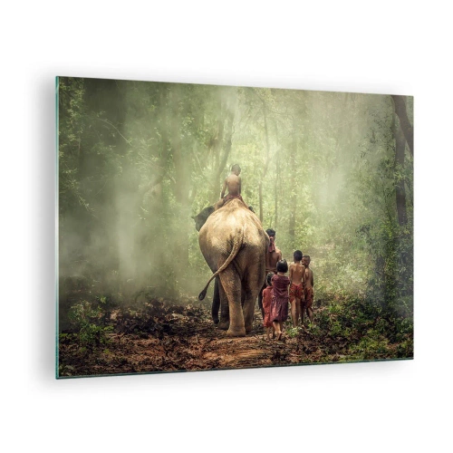 Obraz na skle - Slon v lese s deťmi v tradičných krojoch - 70x50cm - Nová Kniha džunglí - Moderná nástenná dekorácia do obývacej izby a spálne ARTTOR