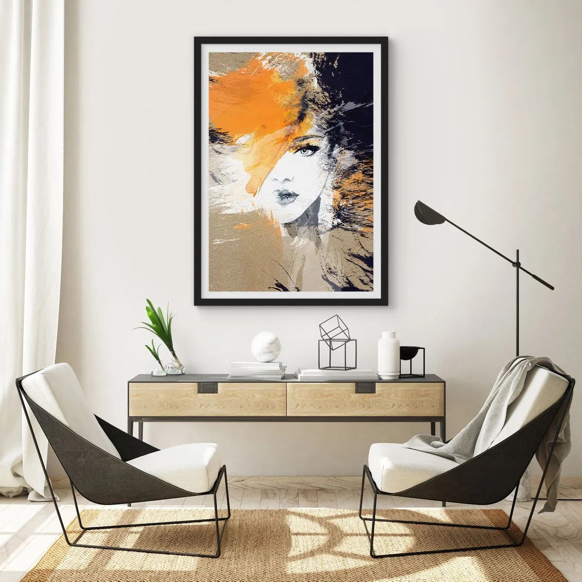 Plagát v čiernom ráme - Portrét ženy v umeleckom štýle s oranžovými akcentmi - 50x70cm - A je svetlo - Moderná nástenná dekorácia do obývacej izby a spálne ARTTOR