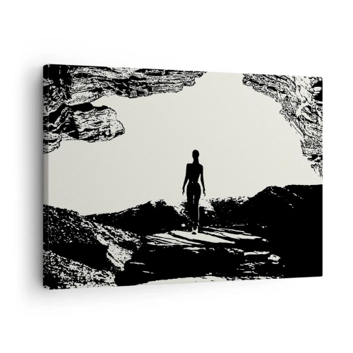 Obraz na plátne - Čierna a biela silueta ženy v jaskyni proti oblohe - 70x50cm - Nový pohľad - Moderná nástenná dekorácia do obývacej izby a spálne ARTTOR