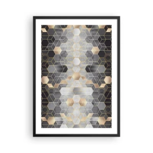 Plagát v čiernom ráme - Geometrický šesťuholníkový vzor v odtieňoch zlatej a sivej - 50x70cm - Diamantová kompozícia - Moderná nástenná dekorácia do obývacej izby a spálne ARTTOR