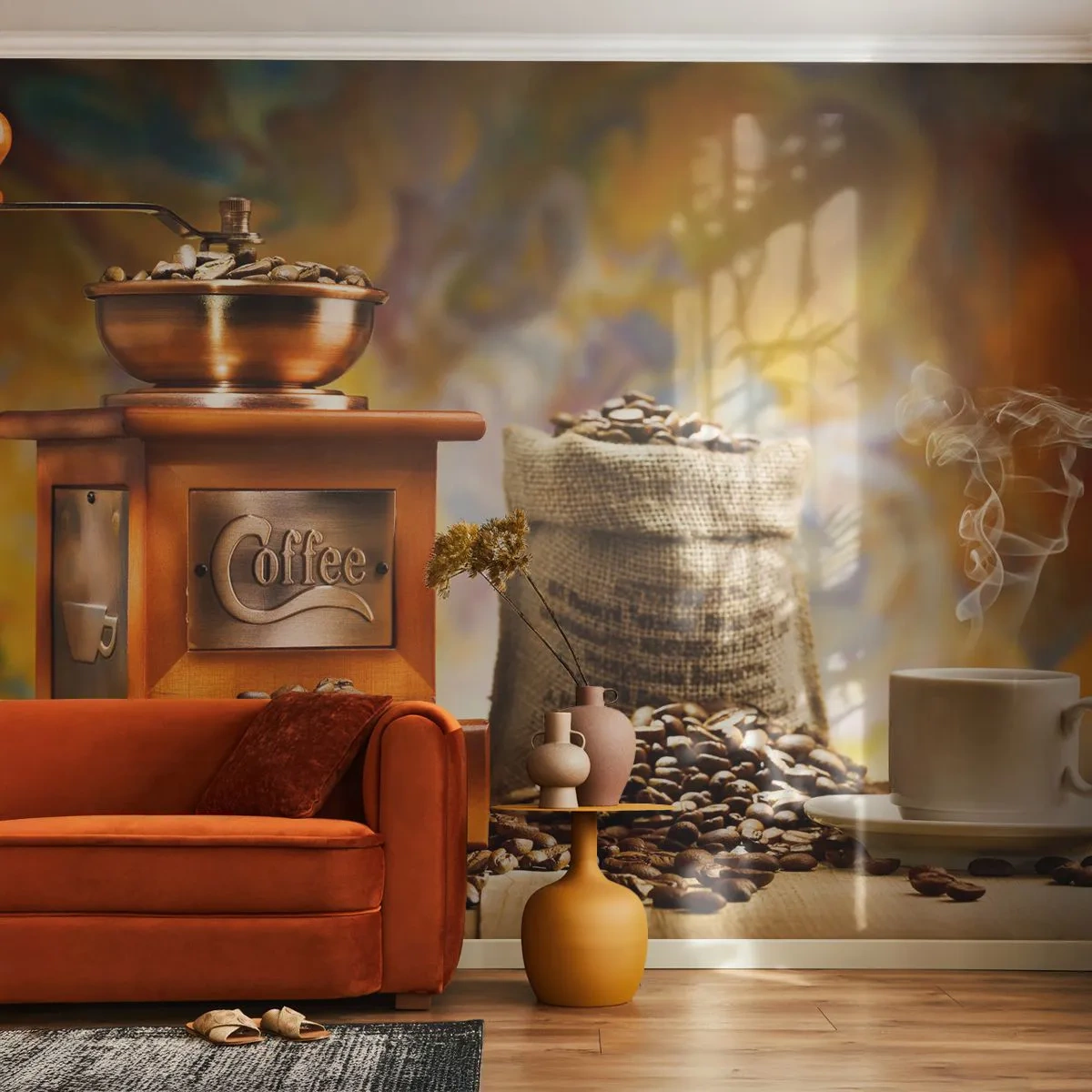 Fototapeta Premium Canvas - Chrastenie zŕn, hrčanie mlynčeka - Gastronómia, Káva, Mlynček na kávu - 300x210 cm