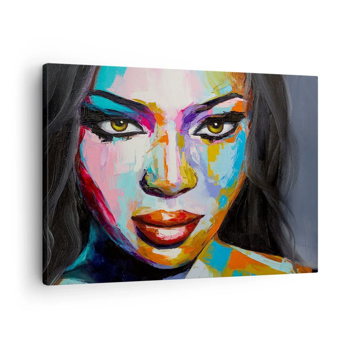 Obraz na plátne - Farebný portrét ženy s intenzívnym pohľadom - 70x50cm - Nejde odtrhnúť oči - Moderná nástenná dekorácia do obývacej izby a spálne ARTTOR