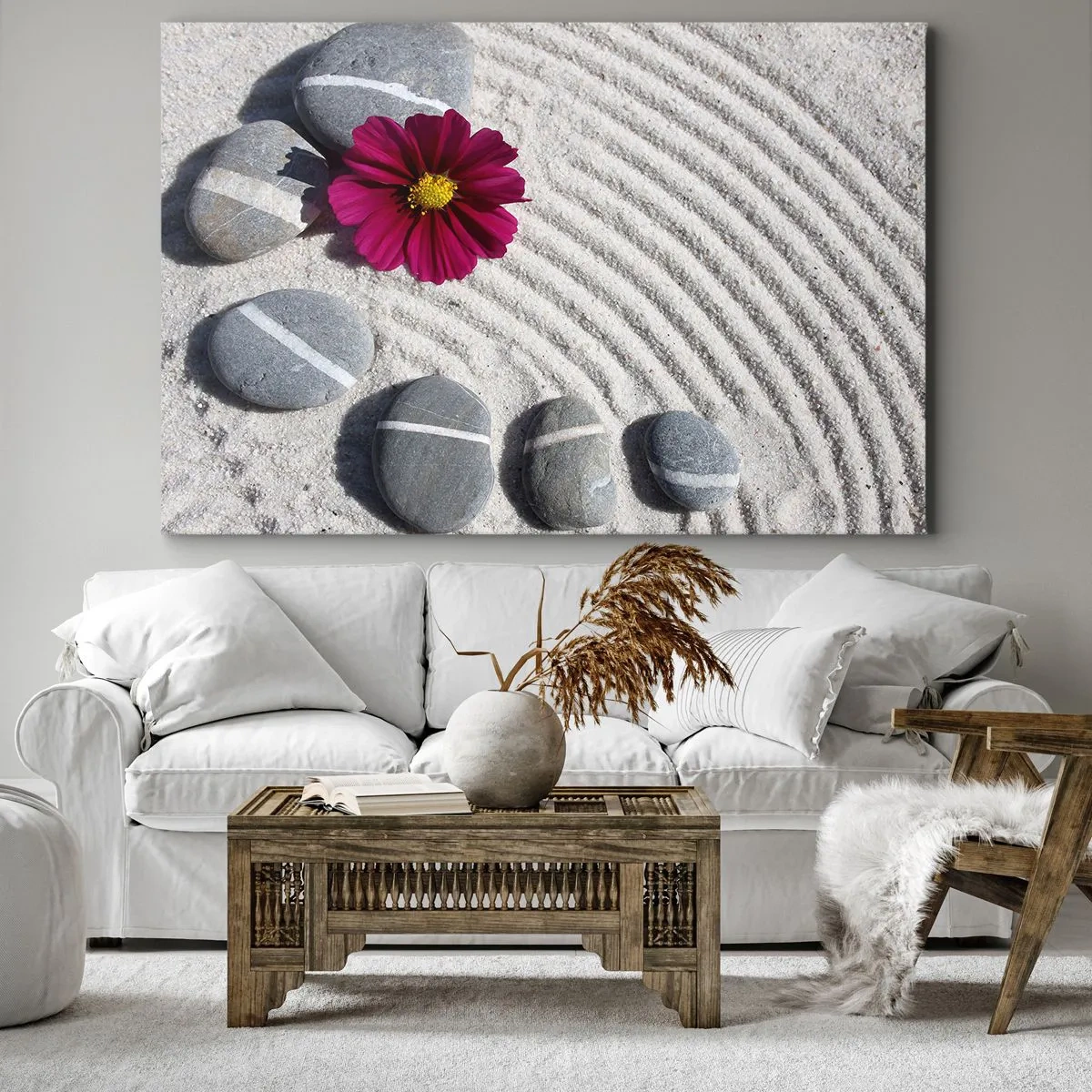 Obraz na plátne - Kamene a ružový kvet na piesku v zenovom štýle - 70x50cm - Energia a pokoj magického kruhu prírody - Moderná nástenná dekorácia do obývacej izby a spálne ARTTOR