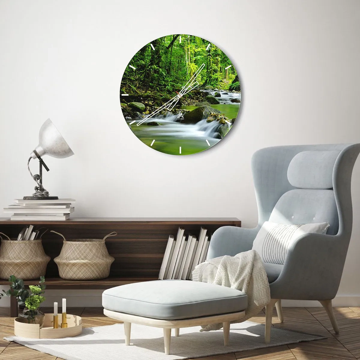 Nástenné hodiny - Potok v tropickom dažďovom pralese - 30x30cm - Plávať morom zelene - Moderná nástenná dekorácia do obývacej izby, kuchyne a spálne ARTTOR
