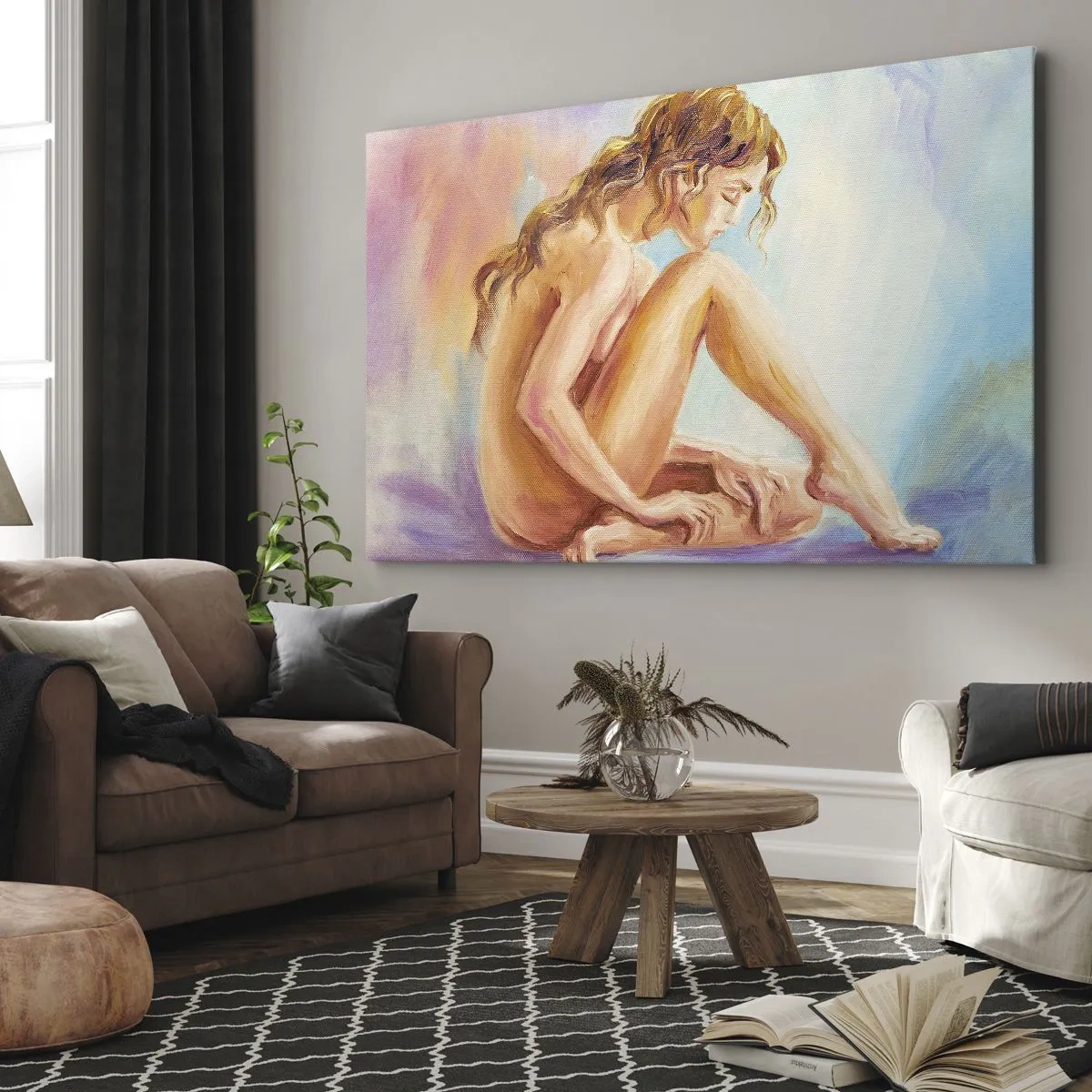 Obraz na plátne - Jemná postava ženy na pastelovom pozadí - 70x50cm - Akt mladosti - Moderná nástenná dekorácia do obývacej izby a spálne ARTTOR