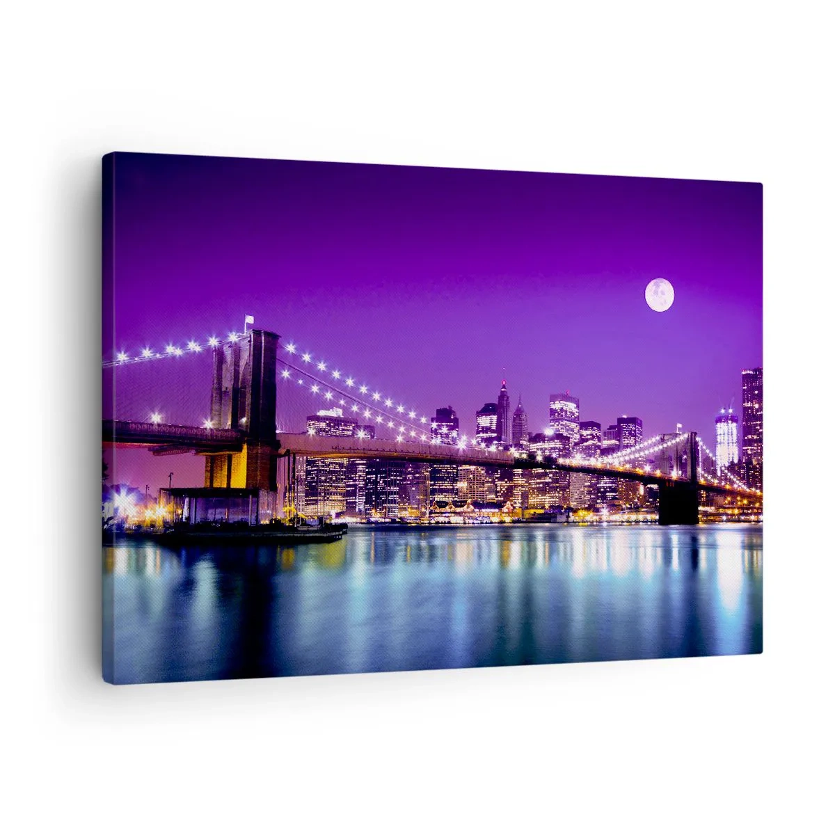 Obraz na plátne - Brooklynský most v noci s osvetleným mestom a splnom - 70x50cm - Svetlá veľkomesta vo fialovej - Moderná nástenná dekorácia do obývacej izby a spálne ARTTOR