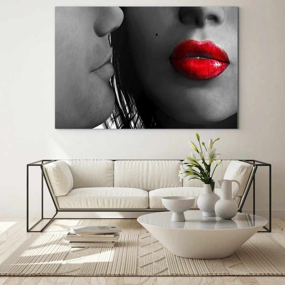 Obraz na skle - Zmyselné pery v kontrastnom zábere - 70x50cm - Tvár pri tvári  - Moderná nástenná dekorácia do obývacej izby a spálne ARTTOR