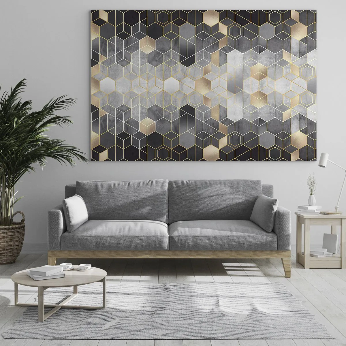Obraz na skle - Geometrický vzor šesťuholníkov v zlatých čiarach - 70x50cm - Diamantová kompozícia - Moderná nástenná dekorácia do obývacej izby a spálne ARTTOR