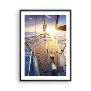 Plagát v čiernom ráme - Jachtová paluba s výhľadom na oceán a západ slnka - 50x70cm - Bežiaca po vlnách - Moderná nástenná dekorácia do obývacej izby a spálne ARTTOR