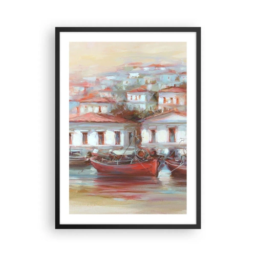 Plagát v čiernom ráme - Farebné mestečko s loďkami na brehu - 50x70cm - Šťastné mestečko - Moderná nástenná dekorácia do obývacej izby a spálne ARTTOR