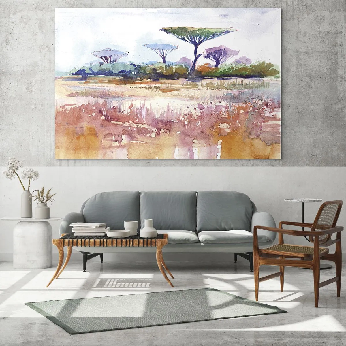 Obraz na skle - Akvarelová savanová krajina so stromami a vegetáciou - 70x50cm - Farby savany - Moderná nástenná dekorácia do obývacej izby a spálne ARTTOR