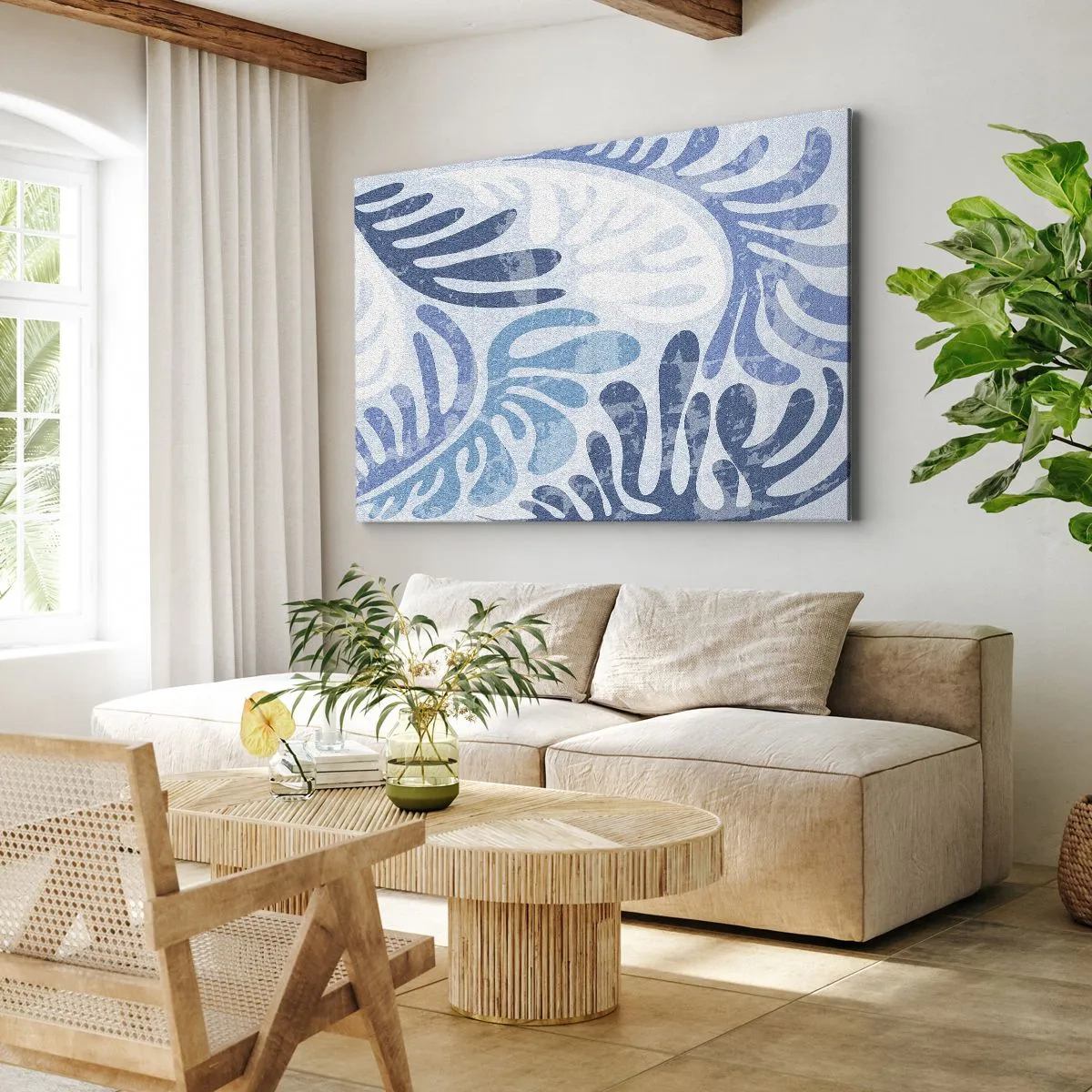 Obraz na plátne - Abstraktné tvary v odtieňoch modrej na bielom pozadí - 70x50cm - Modré papradie - Moderná nástenná dekorácia do obývacej izby a spálne ARTTOR