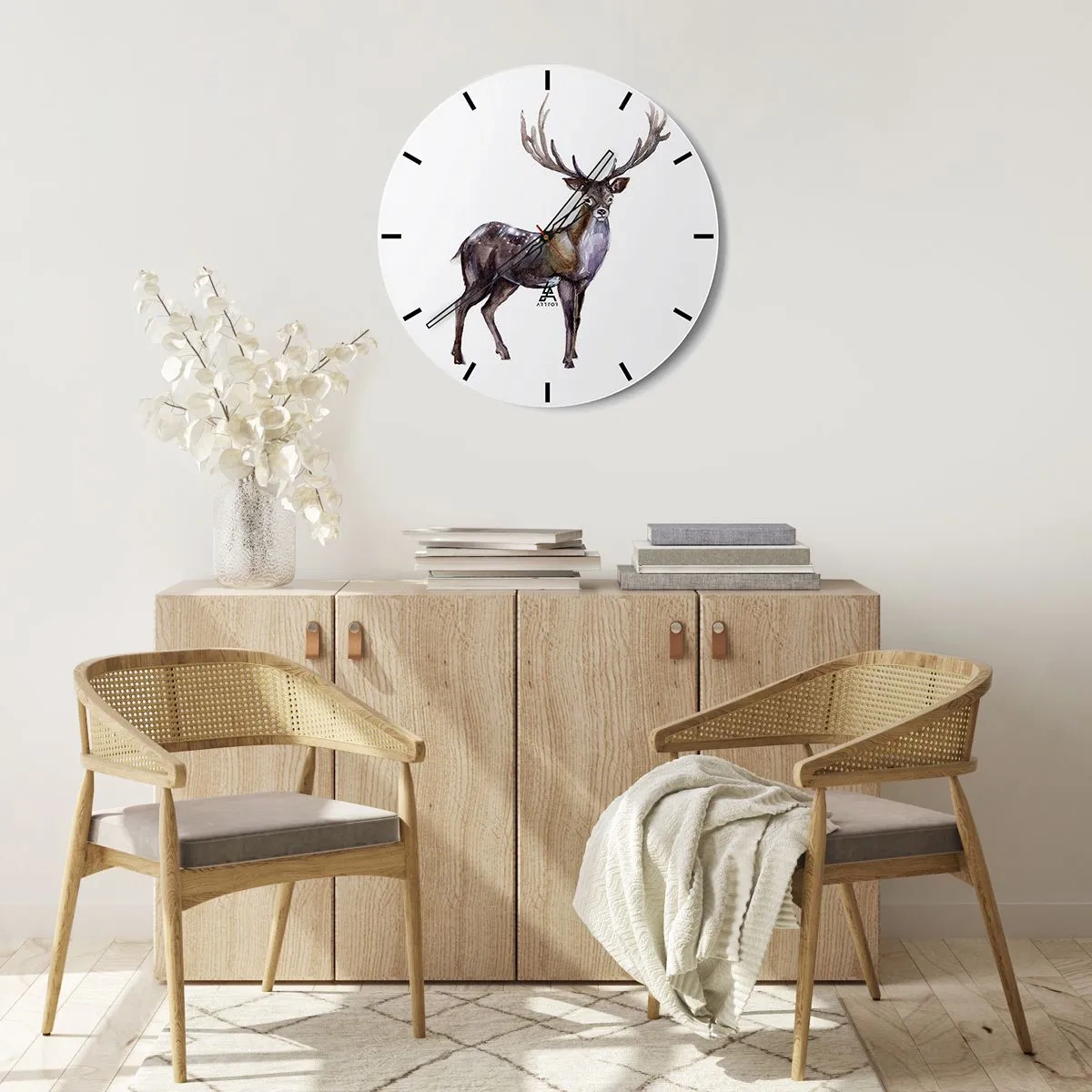 Nástenné hodiny - Akvarelová fotografia jeleňa - 30x30cm - Kráľ polnočnej púšte - Moderná nástenná dekorácia do obývacej izby, kuchyne a spálne ARTTOR