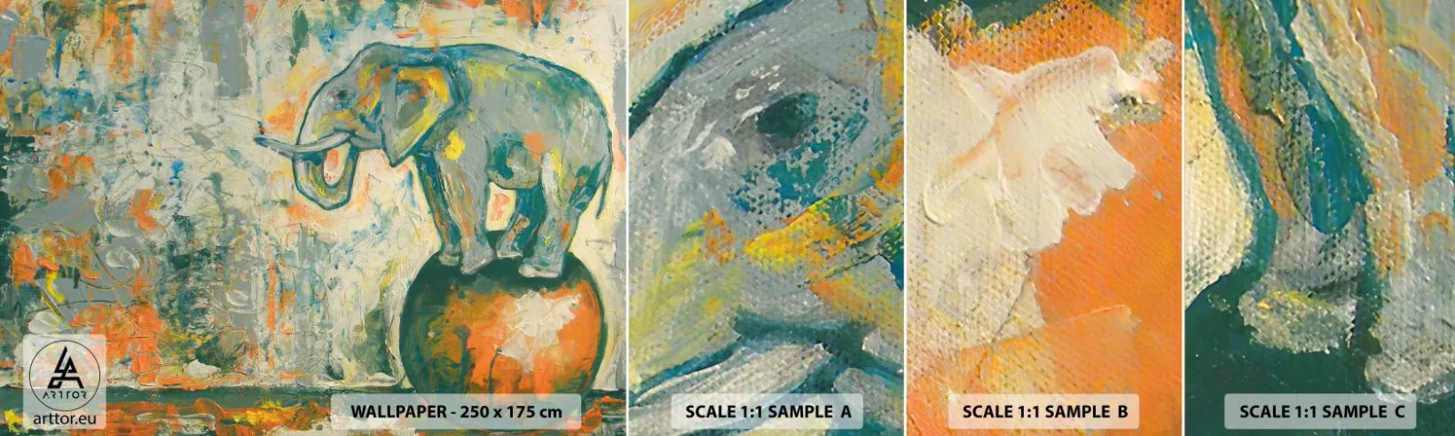 Vzorka samolepiacej fototapety Deluxe Sticker - Nech žije cirkus! - Abstrakcia, Slon, Cirkus - 100x30 cm