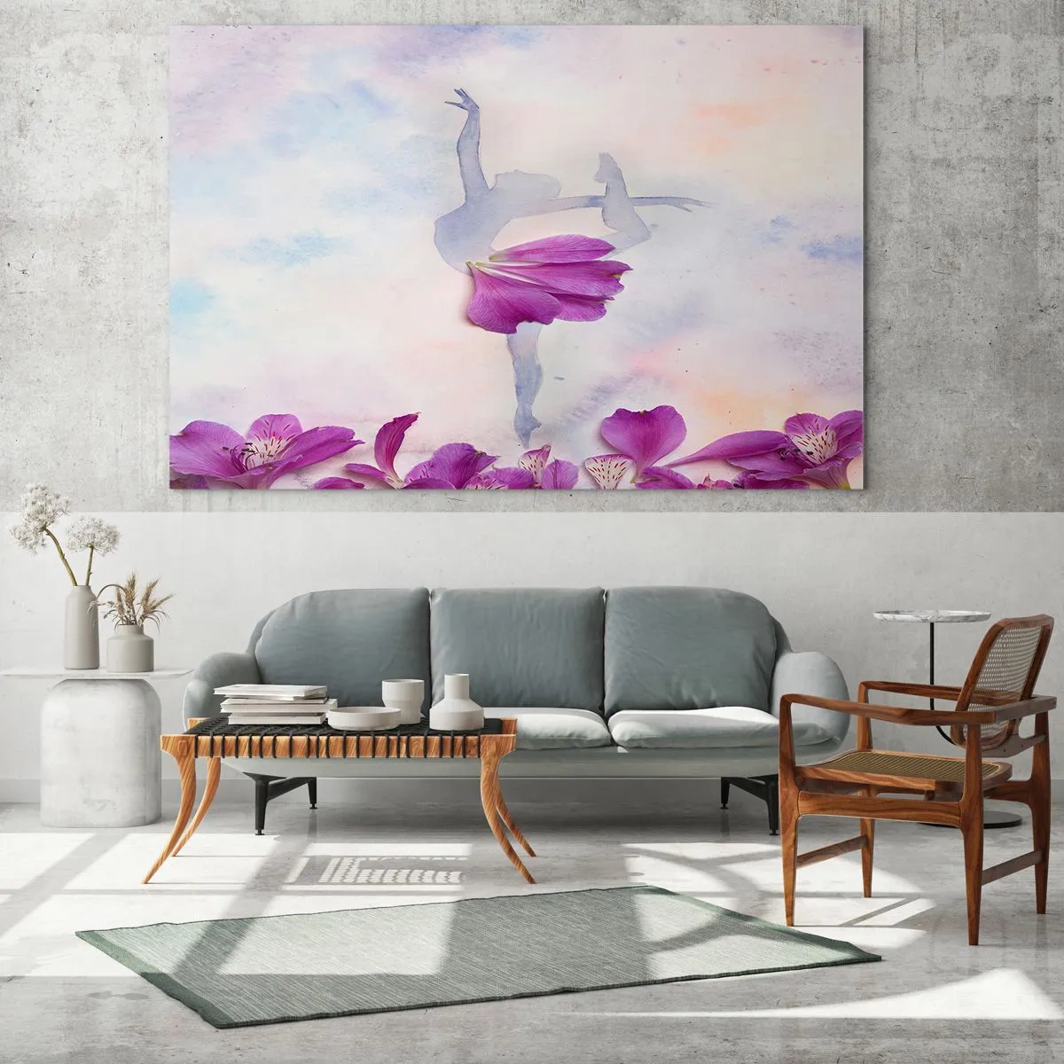 Obraz na skle - Silueta baleríny s kvetom v umeleckej kompozícii - 70x50cm - Jemná ako kvetina - Moderná nástenná dekorácia do obývacej izby a spálne ARTTOR