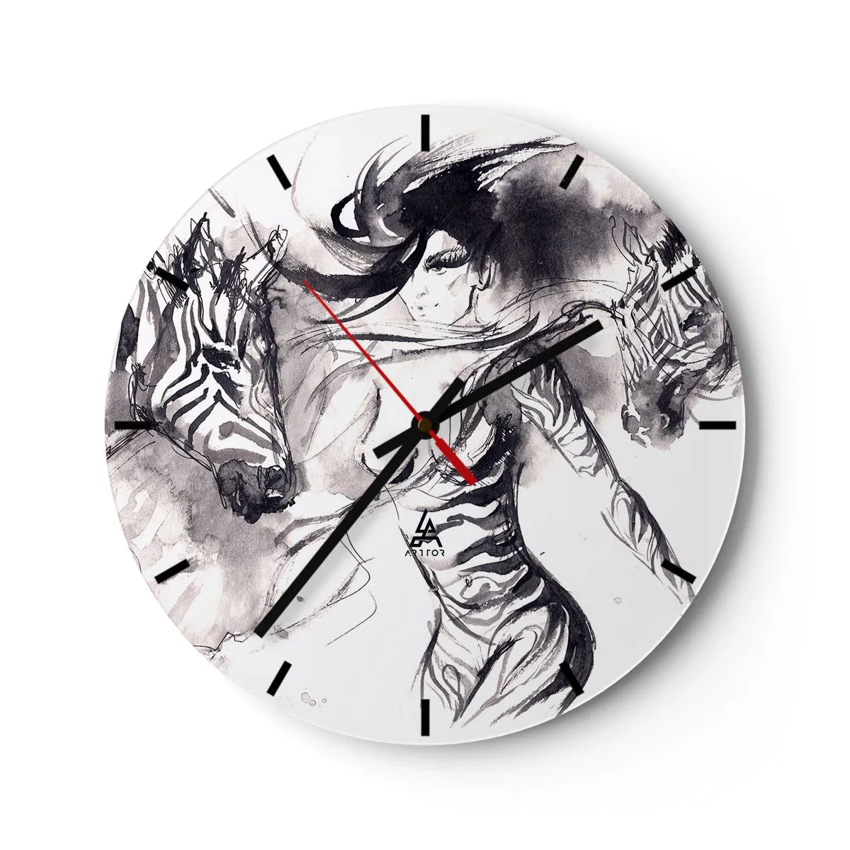 Nástenné hodiny - Žena v umeleckej forme tancuje s dvoma zhromaždenými ľuďmi - 30x30cm - Tancujúca so zebrami - Moderná nástenná dekorácia do obývacej izby, kuchyne a spálne ARTTOR