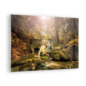 Obraz na skle - Lesná kaskáda v zeleni - 70x50cm - Lesný vodopád v zeleni - Moderná nástenná dekorácia do obývacej izby a spálne ARTTOR