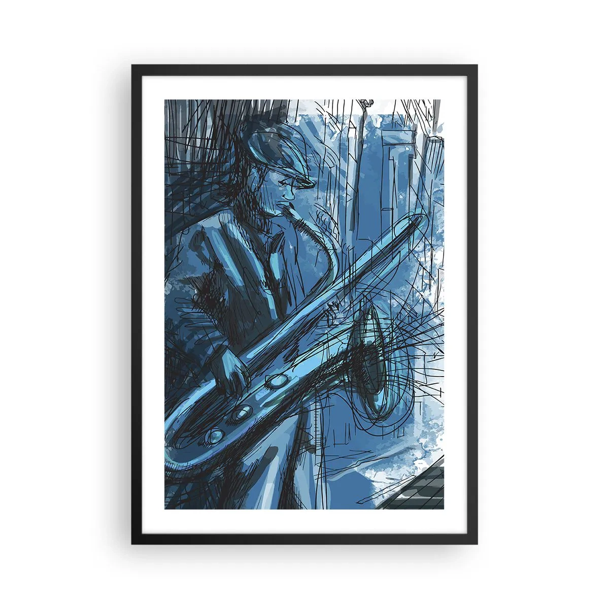 Plagát v čiernom ráme - umelecký náčrt hudobníka hrajúceho na saxofón - 50x70cm - Mestská rapsódia - Moderná nástenná dekorácia do obývacej izby a spálne ARTTOR