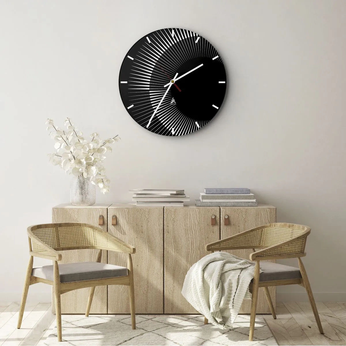 Nástenné hodiny - Čierne pozadie so žiarivým vzorom v tvare slnečného kotúča - 30x30cm - Čierne slnko - Moderná nástenná dekorácia do obývacej izby, kuchyne a spálne ARTTOR