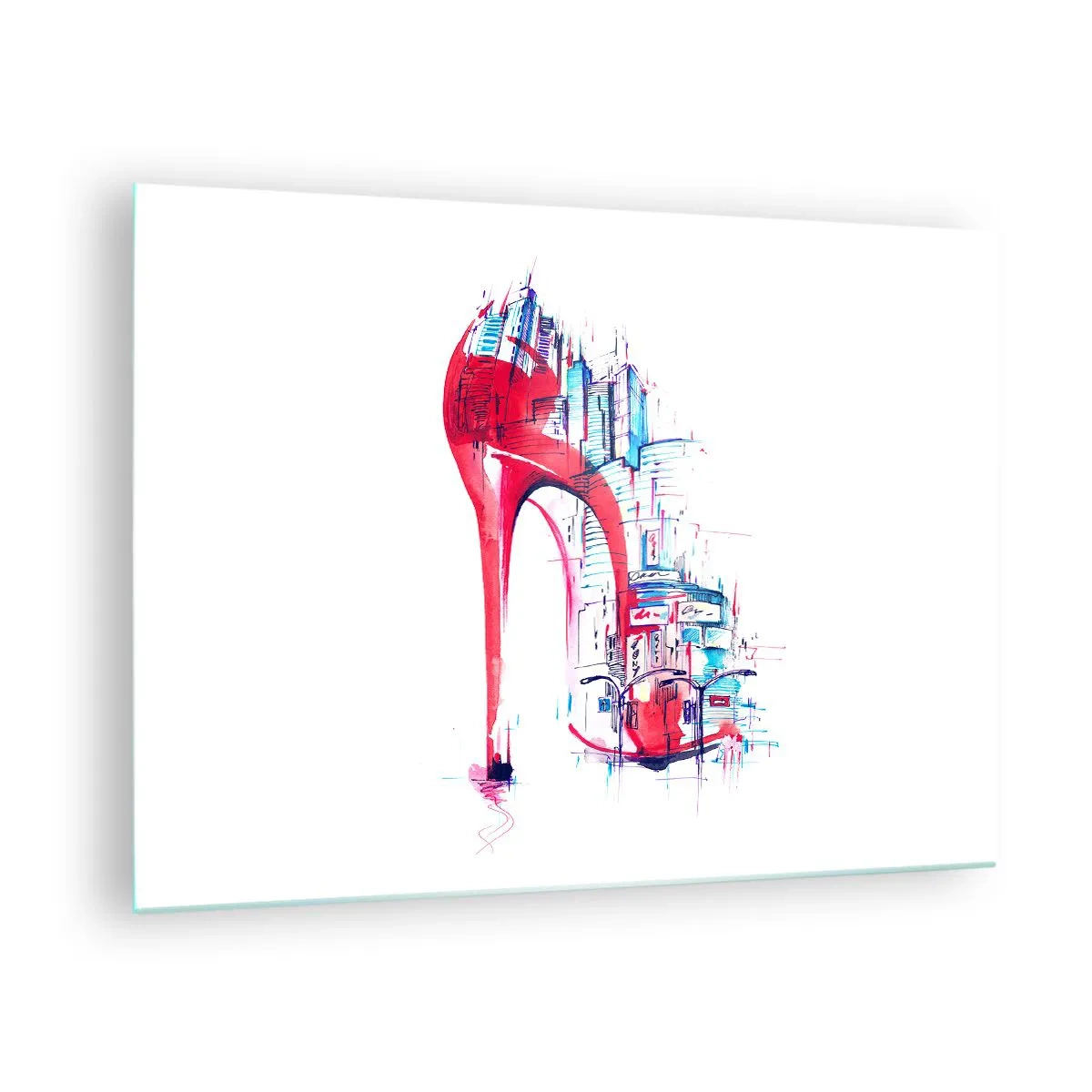 Obraz na skle - Červené ihlové topánky s motívom mestskej architektúry - 70x50cm - Veľkomestská elegánka - Moderná nástenná dekorácia do obývacej izby a spálne ARTTOR