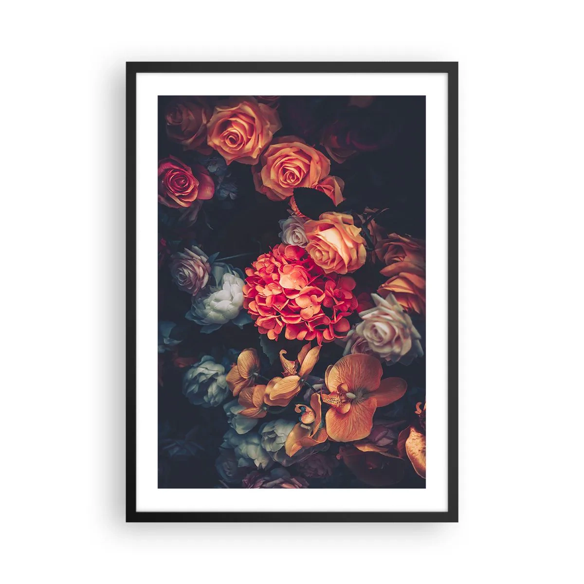 Plagát v čiernom ráme - Kompozícia tmavých kvetov s nádychom barokovej estetiky - 50x70cm - Ako u holandských majstrov - Moderná nástenná dekorácia do obývacej izby a spálne ARTTOR