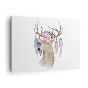 Obraz na plátne - Romantická grafika jeleňa s kvetmi a perím - 70x50cm - Sprievodca duše - jemný, nevinný - Moderná nástenná dekorácia do obývacej izby a spálne ARTTOR
