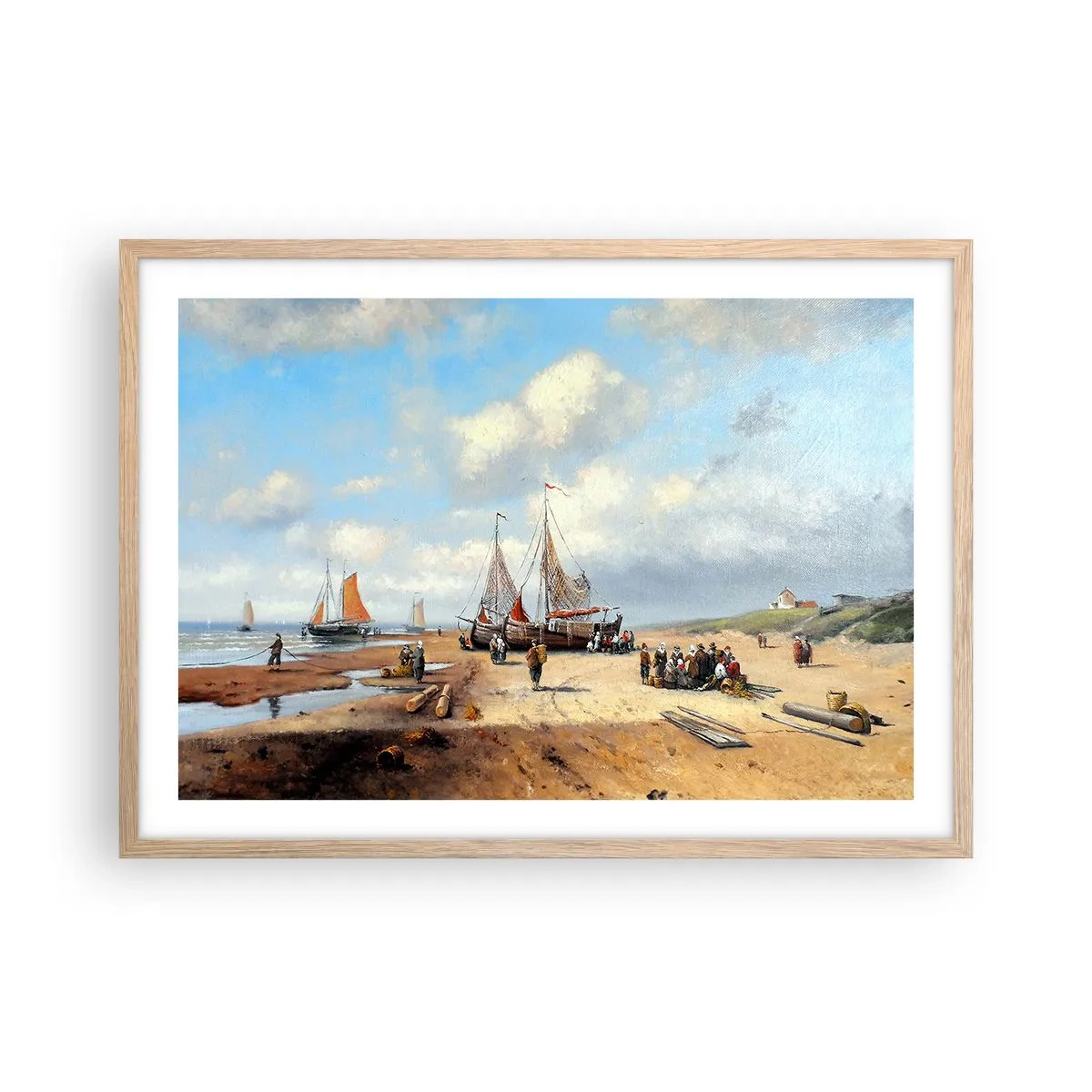 Plagát v ráme zo svetlého duba - Po úspešnom rybolove - 70x50 cm