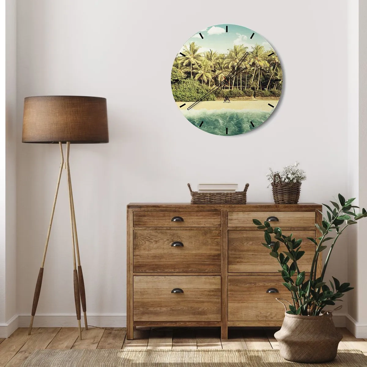 Nástenné hodiny - Pláž s palmami a tyrkysovým morom v pozadí - 30x30cm - Čo napríklad tu? - Moderná nástenná dekorácia do obývacej izby, kuchyne a spálne ARTTOR