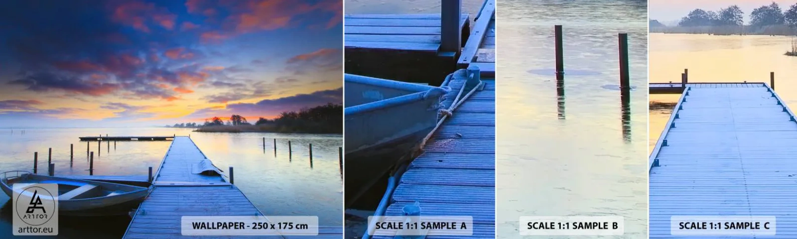 Vzorka Fototapeta Standard Eco - Fialovo-zlatý pokoj - Krajina, Jazero, čln - 100x30 cm