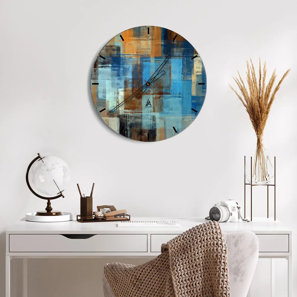 Nástenné hodiny - Abstraktné obdĺžniky v odtieňoch modrej a hnedej - 30x30cm - Cez modrý závoj - Moderná nástenná dekorácia do obývacej izby, kuchyne a spálne ARTTOR
