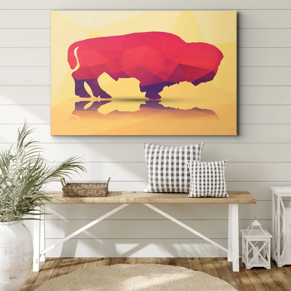 Obraz na plátne - Geometrická silueta bizóna v odtieňoch červenej a fialovej - 70x50cm - Amarantová sila zubra - Moderná nástenná dekorácia do obývacej izby a spálne ARTTOR